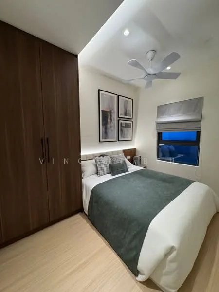 Bedroom features: queen-size bed with white bedding and green throw, wooden wardrobe with sliding doors, two framed artworks on the wall, window with roller blinds, ceiling fan, light-colored wooden flooring, bedside table with lamp, decorative pillows; style: modern; view: city.