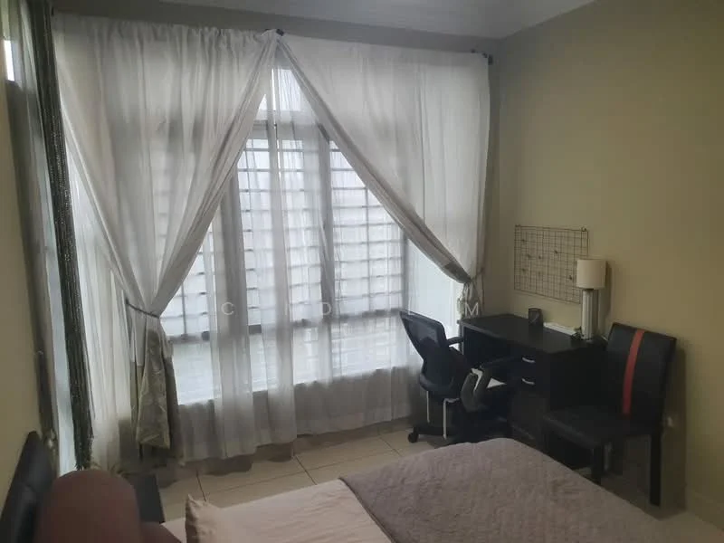 Bedroom features: queen-size bed, upholstered headboard, bedside lamp, study desk, office chair, floor-to-ceiling windows, sheer curtains, tile flooring, decorative wall grid, light-colored painted walls; style: modern.