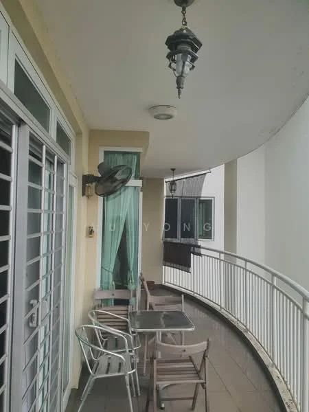 Balcony features: outdoor dining table, metal chairs, ceiling light fixture, green curtains, sliding glass door, railing, floor tiles, wall-mounted air conditioning unit.