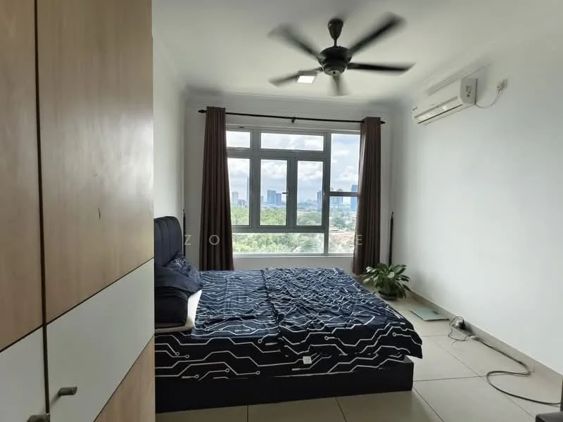 Bedroom features: king-size bed, upholstered headboard, ceiling fan with light, floor-to-ceiling windows, brown curtains, light-colored walls, tile flooring, air conditioning unit, decorative houseplant; style: modern; view: city.