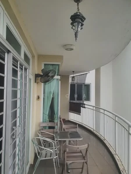 Balcony features: curved balcony, glass railing, outdoor dining table, wooden chairs, ceiling fan, hanging lantern, green curtains, wall-mounted air conditioning unit.