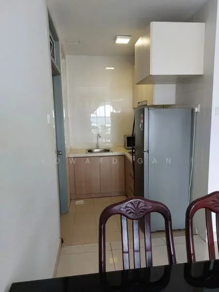 Kitchen features: white tiled walls, cream cabinetry, single-bowl stainless-steel sink, chrome pull-down faucet, built-in microwave, stainless-steel fridge, ceramic tile flooring, recessed downlights, countertop with backsplash, kitchen cabinets with handles, open shelving, dining table visible in foreground; style: modern.