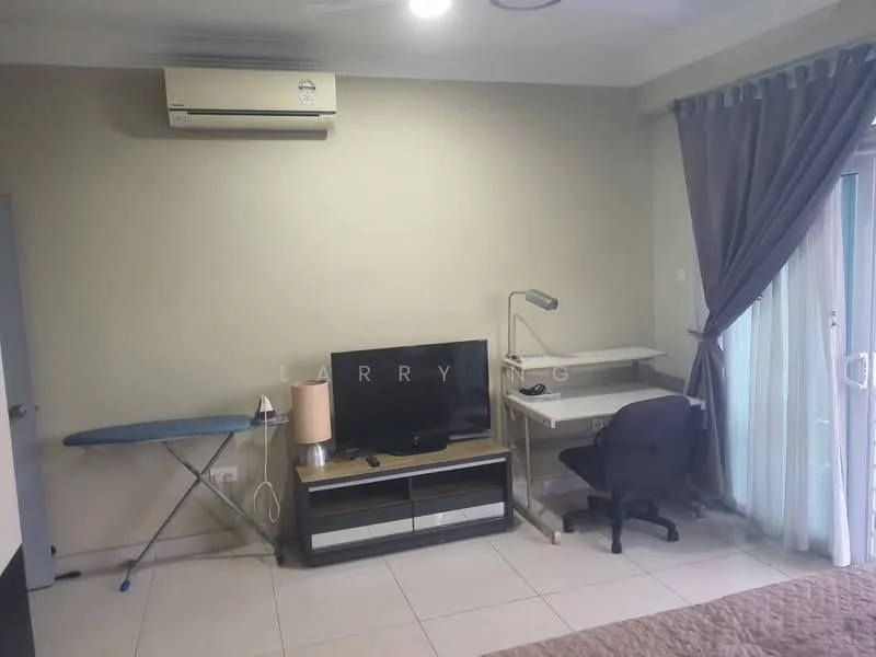 Room features: wall-mounted split AC, flat-screen TV on console, TV console with storage, study desk with lamp, office chair, ironing board, curtains on window, tiled flooring.