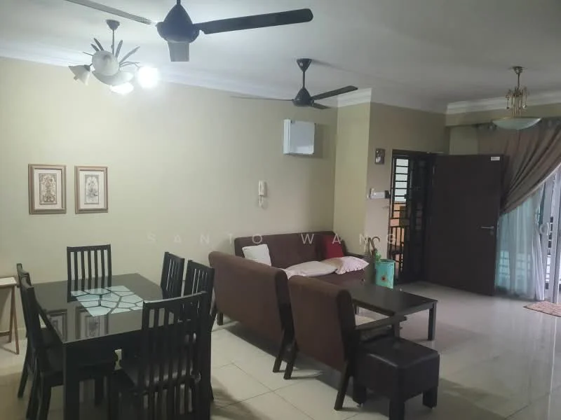 Living features: 3-seater fabric sofa in brown, 2-seater fabric sofa in brown, coffee table, dining table for 6, black dining chairs, wall-mounted air conditioning unit, ceiling fan with light, recessed downlights, cream painted walls, white tiled flooring, curtains, decorative wall art; style: modern.