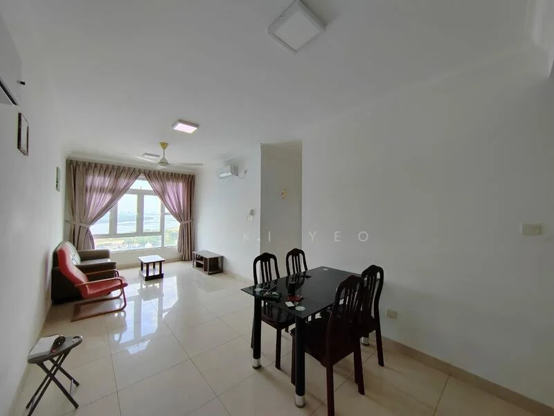 Living features: white painted walls, glossy tile flooring, floor-to-ceiling windows, sheer curtains, 3-seater fabric sofa in brown, 2-seater armchair in red, wooden coffee table, dining table with 4 black chairs, wall-mounted split AC, ceiling light, decorative wall art; style: modern; view: sea.