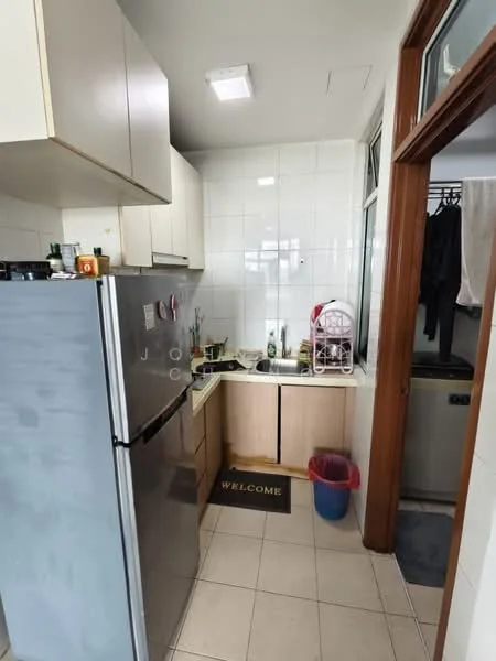Kitchen features: stainless-steel fridge, white upper cabinets, beige lower cabinets, ceramic tile backsplash, granite countertop, single-bowl stainless-steel sink, chrome pull-down faucet, built-in stove, window with sheer curtains, tile flooring, welcome mat; style: modern.