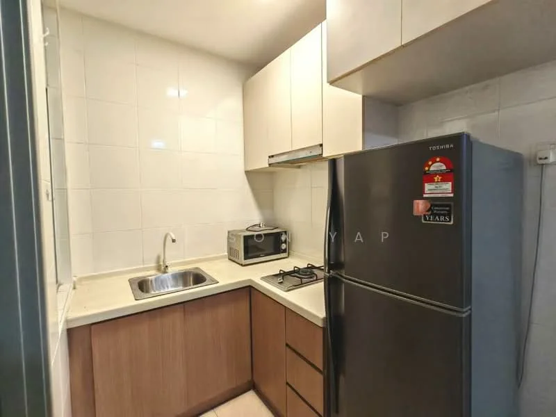 Kitchen features: single-bowl stainless-steel sink, chrome pull-down faucet, granite countertop, white tiled backsplash, built-in kitchen cabinets in wood finish, stainless-steel fridge, freestanding gas stove with 2 burners, microwave, white tiled flooring, under-cabinet lighting; style: modern.
