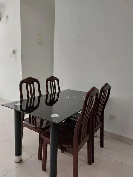 Dining features: glass dining table, 4 wooden dining chairs, white painted walls, tile flooring, wall-mounted light fixture; style: modern.