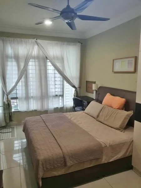 Bedroom features: king-size bed, upholstered headboard, two bedside lamps, decorative cushions, floor-to-ceiling windows, sheer curtains, cream painted walls, recessed downlights, ceiling fan, wall-mounted artwork, built-in wardrobe, tile flooring; style: modern; view: city.