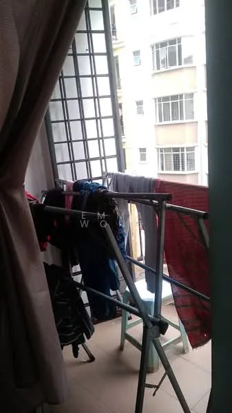 Room features: balcony with railing, clothes drying rack, curtains, tiles flooring, city view, clothes hanging on rack; view: city.