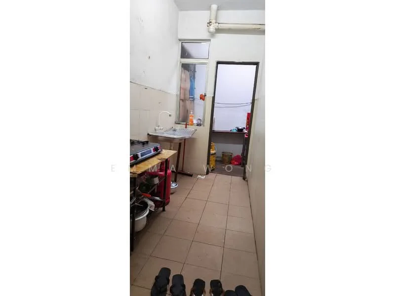 Kitchen features: tile flooring, white painted walls, single-bowl stainless-steel sink, chrome pull-down faucet, built-in gas stove, wooden countertop, window for natural light, open layout, storage shelves, door leading to another room.
