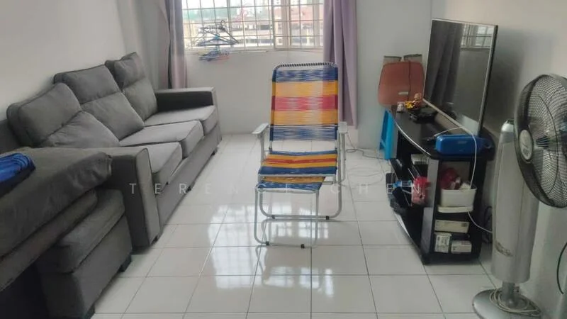 Living features: 3-seater fabric sofa in grey, single armchair with colorful stripes, TV console, wall-mounted TV, floor fan, white tiled flooring, window with sheer curtains, decorative items on console; style: modern.