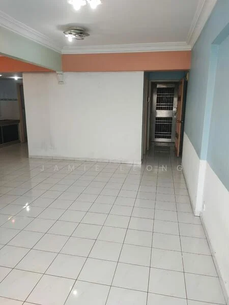 Room features: white painted walls, light blue accent wall, cream ceiling with recessed lighting, white tiled flooring, wooden door, open layout, no visible furniture, natural light from doorway; style: modern.