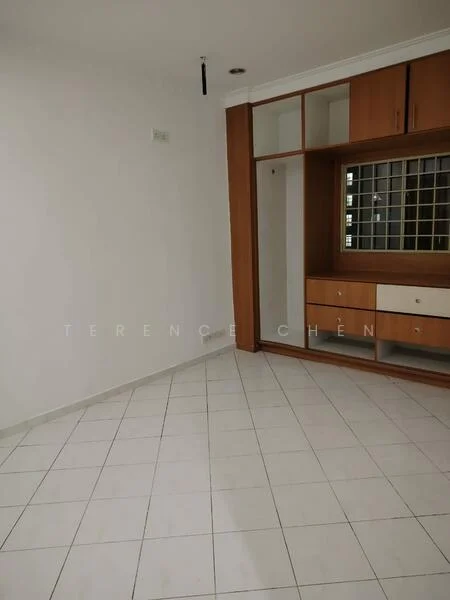 Room features: white painted walls, white tiled flooring, built-in wooden cabinetry with drawers, glass panel in cabinetry, ceiling light fixture, corner layout, neutral color scheme; style: modern.