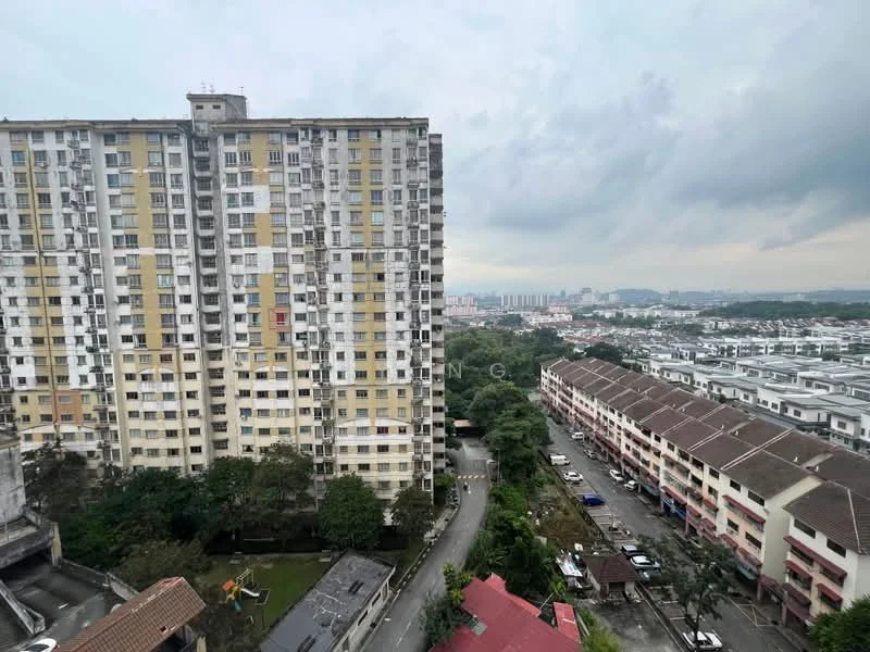 Exterior type: high-rise condominium; features: concrete facade with yellow and white panels, approximately 15-storey high-rise, surrounded by greenery, view of adjacent low-rise buildings, parking spaces visible, urban skyline in background; style: modern.