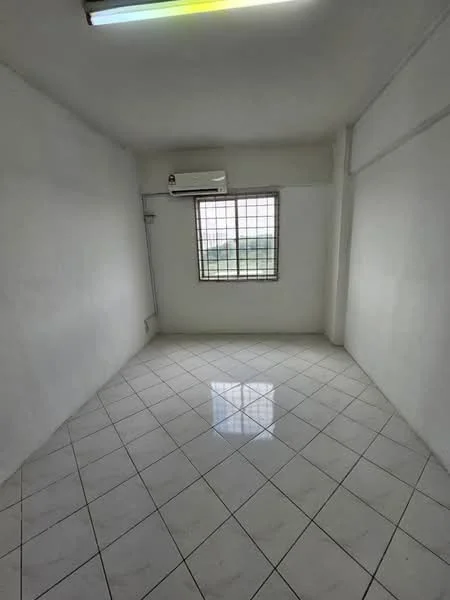 Room features: white painted walls, white ceiling, ceramic tile flooring, window with metal grille, 1 wall-mounted split AC, natural light from window, corner room, no visible furniture; style: minimalist; view: city.