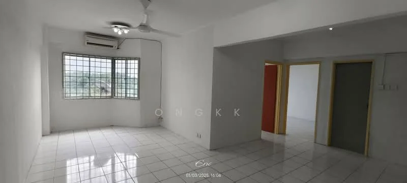 Room features: white painted walls, glossy white tile flooring, 5-blade ceiling fan with light, floor-to-ceiling windows, air conditioning unit, natural light from windows, neutral color scheme, open layout; style: modern; view: garden.