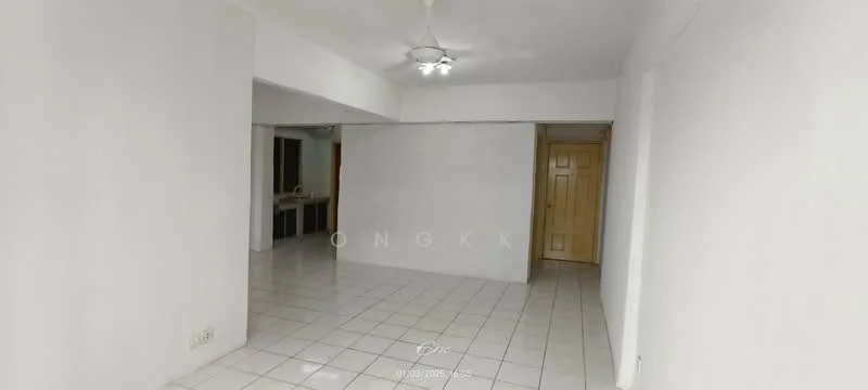 Room features: white painted walls, glossy white tile flooring, ceiling fan with light, doorway leading to another room, open layout, neutral color scheme, no visible furniture, bright lighting; style: minimalist.