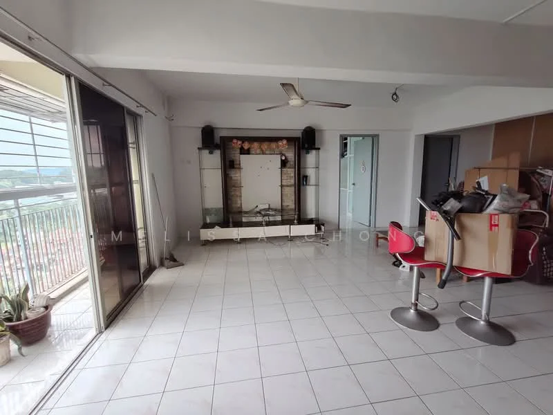 Living features: white painted walls, glazed tile flooring, 5-blade ceiling fan, floor-to-ceiling windows, sliding glass door, TV console, decorative wall unit, open layout, dining table with chairs, potted plants, natural light, city view; style: modern; view: city.