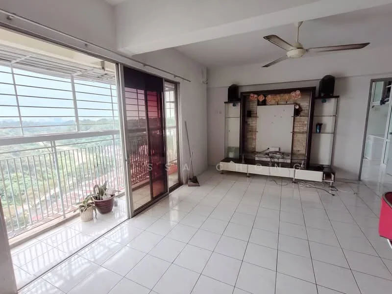 Living features: white painted walls, glazed sliding doors, floor-to-ceiling windows, ceramic tile flooring, 5-blade ceiling fan, wall-mounted TV, stone feature wall, balcony access, natural light from windows, decorative lighting, open layout; style: modern; view: garden.