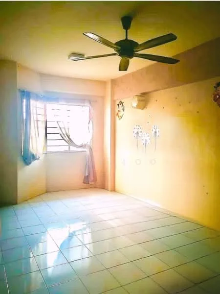 Room features: ceiling fan, white walls, light-colored tiled flooring, window with sheer curtains, natural light from window, decorative wall hangings.