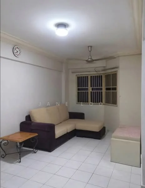 Living features: L-shape sectional sofa in dark purple and beige, wooden coffee table with metal legs, white tiled flooring, ceiling fan, recessed ceiling lights, window with metal grilles, wall clock, cream painted walls, storage bench, decorative wall trim; style: modern.