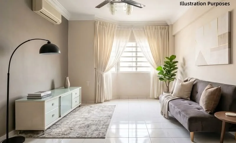 Living features: grey fabric sofa, floor lamp with black shade, light wood TV console, decorative plant in pot, area rug with geometric pattern, white walls, recessed ceiling lights, floor-to-ceiling curtains, air conditioning unit; style: modern.