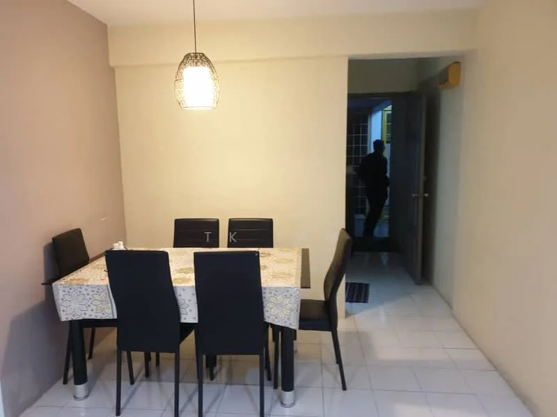 Dining features: 6-seater dining table, black dining chairs, tablecloth with floral pattern, pendant light fixture, white tiled flooring, cream painted walls, grey accent wall, doorway leading to another room; style: modern.