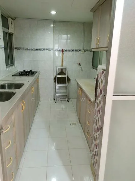 Kitchen features: double-bowl stainless-steel sink, chrome pull-down faucet, 4-burner gas hob, white laminate countertops, light wood cabinetry, white tiled backsplash, white tiled flooring, recessed downlights, window with sheer curtains, kitchen cart, built-in refrigerator; style: modern.