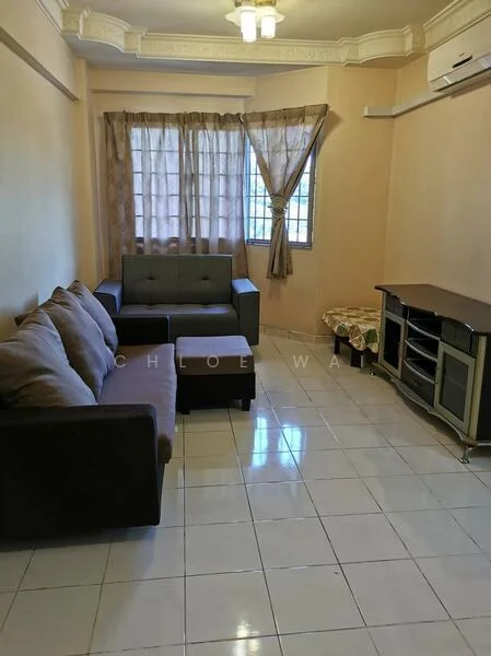 Living features: brown fabric 3-seater sofa, grey fabric 2-seater sofa, white tiled flooring, cream painted walls, curtains with tiebacks, wall-mounted air conditioning unit, TV console with storage, ceiling light fixture, window with grid pattern; style: modern.