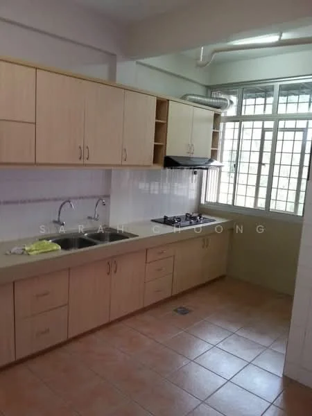 Kitchen features: light wood cabinetry, double-bowl stainless-steel sink, chrome pull-down faucet, granite countertop, gas stove with two burners, wall-mounted range hood, tile backsplash, ceramic tile flooring, window with grid pattern, open shelving above countertop; style: modern.