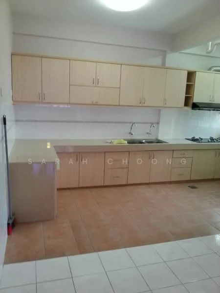 Kitchen features: light wood cabinetry, laminate countertop, double-bowl stainless-steel sink, chrome pull-down faucet, 4-burner gas hob, built-in oven, ceramic tile flooring, white tiled backsplash, wall-mounted range hood, under-cabinet lighting; style: modern.