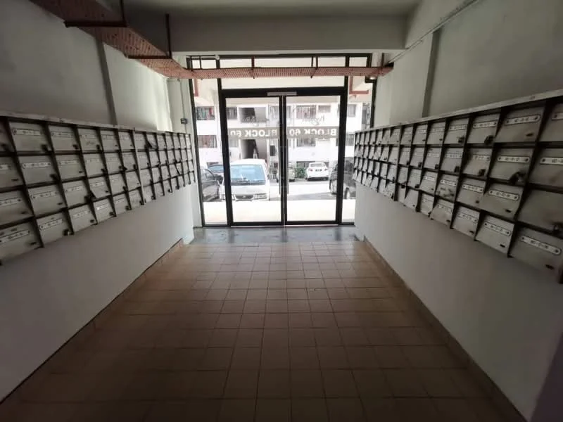 Room features: mailboxes on both sides, glass entrance door, tiled flooring, white painted walls, overhead lighting, open space, view of outside parking area; style: modern; view: street.