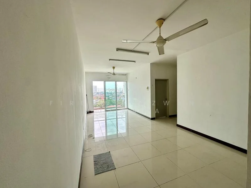 Living features: white painted walls, polished ceramic tile flooring, 2 ceiling fans, floor-to-ceiling windows, sliding glass door, city view, neutral color scheme, open layout; style: modern; view: city.