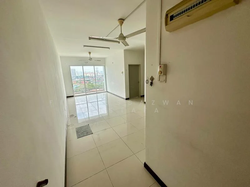Room features: white painted walls, polished ceramic tile flooring, ceiling fan, floor-to-ceiling windows, sliding glass door, air conditioning unit, neutral color scheme, open layout; style: modern; view: city.