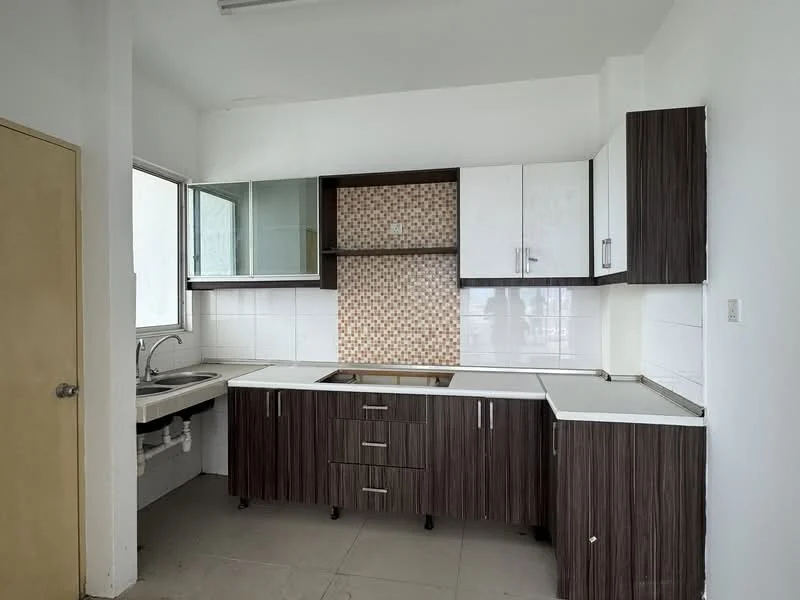 Kitchen features: single-bowl stainless-steel sink, chrome pull-down faucet, white laminate countertop, brown wood cabinetry, glass-front upper cabinets, mosaic tile backsplash, white tiled walls, grey tiled flooring, window with view, built-in oven space, open shelving; style: modern.