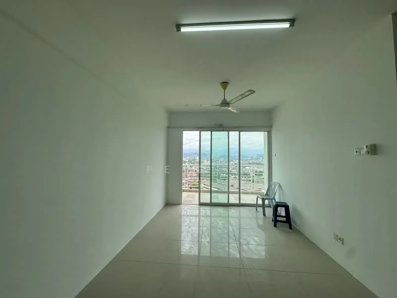 Living features: white painted walls, polished ceramic tile flooring, 5-blade ceiling fan with light, floor-to-ceiling sliding glass door, city view, single plastic chair; style: modern; view: city.