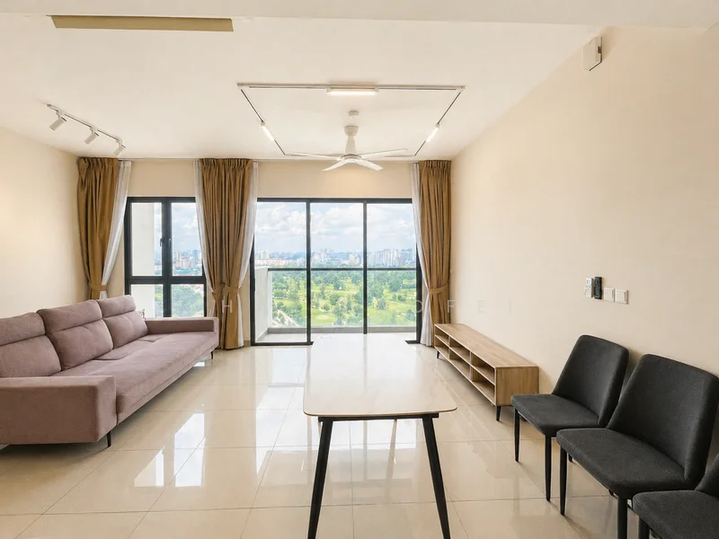Living features: 3-seater fabric sofa in light brown, ceiling fan with light, floor-to-ceiling windows, curtains in beige, polished ceramic tile flooring, TV console, coffee table, wall-mounted TV, decorative wall with neutral paint; style: modern; view: city.