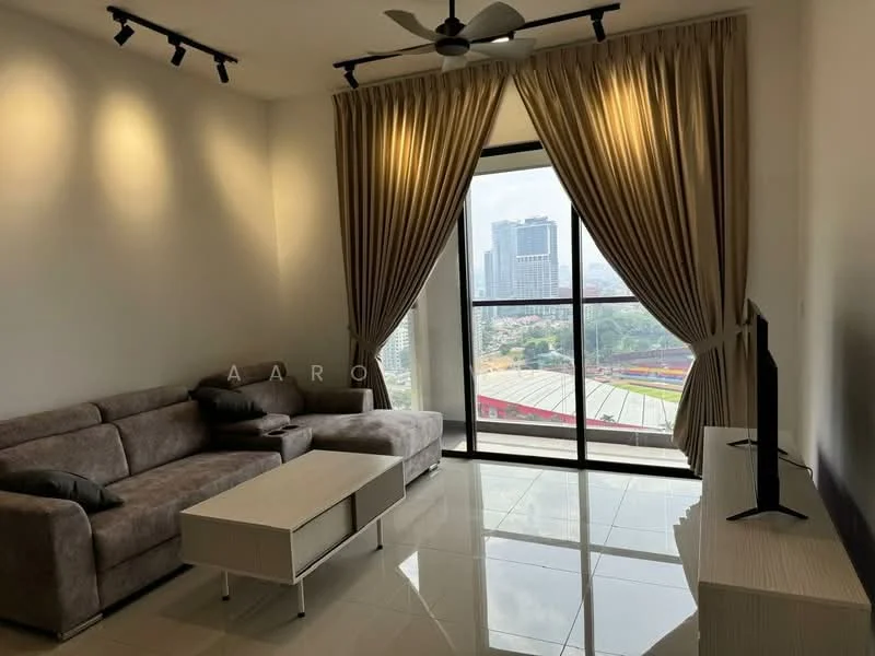 Living features: 3-seater fabric sofa in grey, coffee table, wall-mounted TV, floor-to-ceiling windows, sheer curtains, recessed downlights, polished tile flooring, ceiling fan; style: modern; view: city.