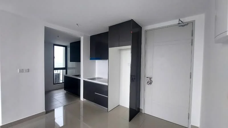 Kitchen features: black cabinetry, white countertop, stainless-steel sink, built-in stove, wall-mounted kitchen hood, tile backsplash, grey tile flooring, floor-to-ceiling window, recessed lighting; style: modern; view: city. Room features: white painted walls, grey tile flooring, door to hallway, air conditioning unit.