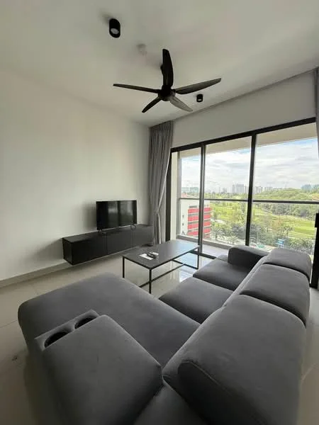 Living features: L-shape sectional sofa in grey, coffee table, wall-mounted TV, TV console in black, floor-to-ceiling windows, curtains in grey, ceiling fan, white painted walls, polished tile flooring, view of greenery; style: modern; view: garden.
