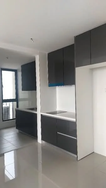 Kitchen features: grey flat-panel cabinets, white countertop, double-bowl stainless-steel sink, chrome pull-down faucet, built-in oven, freestanding range oven, ceramic tile flooring, floor-to-ceiling windows, recessed downlights, open shelving; style: modern; view: city.
