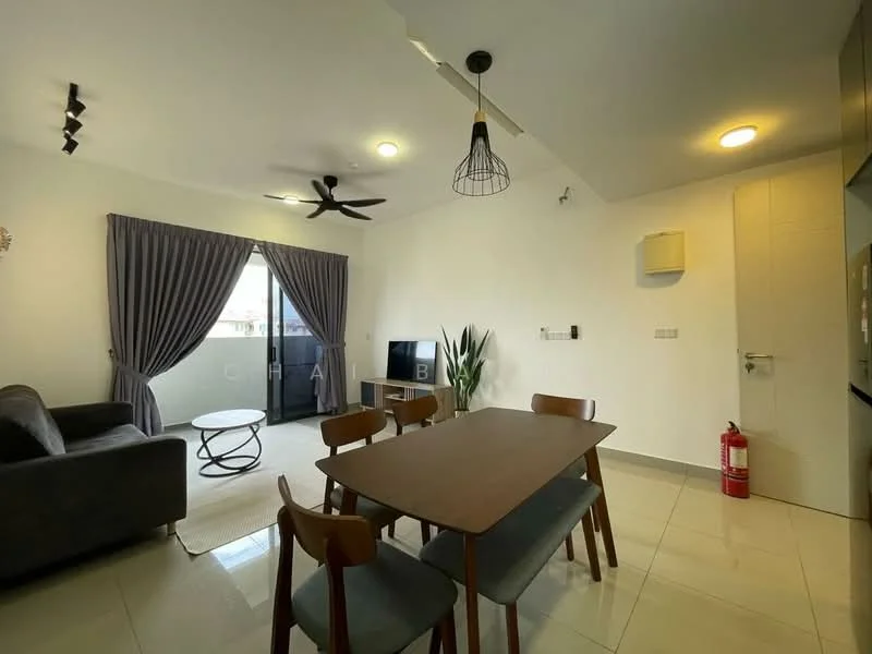Living features: 3-seater fabric sofa in grey, round coffee table, dining table with 4 chairs, floor-to-ceiling windows, curtains in grey, ceiling fan, wall-mounted TV, recessed downlights, white painted walls, glossy tile flooring, indoor plant, fire extinguisher; style: modern; view: city.