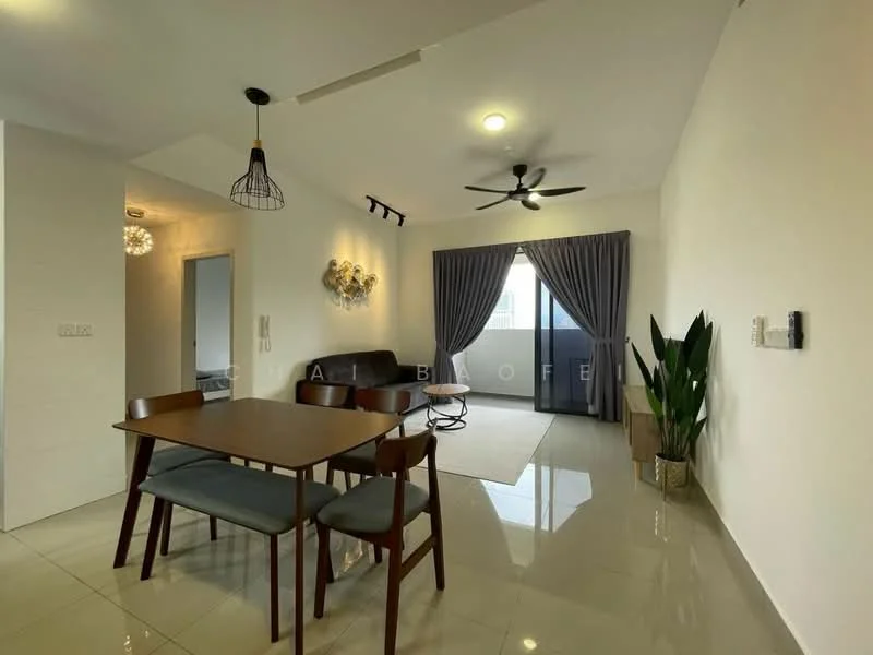 Living features: light grey walls, white ceiling, 5-blade ceiling fan with light, floor-to-ceiling windows, sliding glass door, grey curtains, light-colored area rug, brown leather sofa, wooden dining table, 4 wooden dining chairs, decorative wall art, indoor plant; style: modern; view: city.