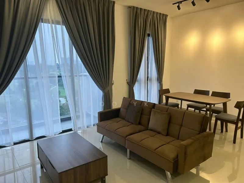 Living features: brown fabric sofa, wooden coffee table, 6-seater dining table, upholstered dining chairs, floor-to-ceiling windows, sheer curtains, dark grey curtains, recessed downlights, glossy tile flooring, neutral painted walls; style: modern; view: city.