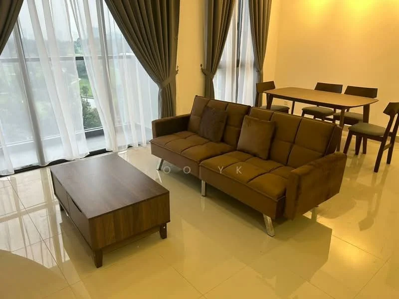 Living features: 3-seater fabric sofa in brown, coffee table in wood, dining table with 4 chairs, floor-to-ceiling windows, sheer curtains, dark grey curtains, glossy tile flooring, warm white wall lighting; style: modern; view: garden.