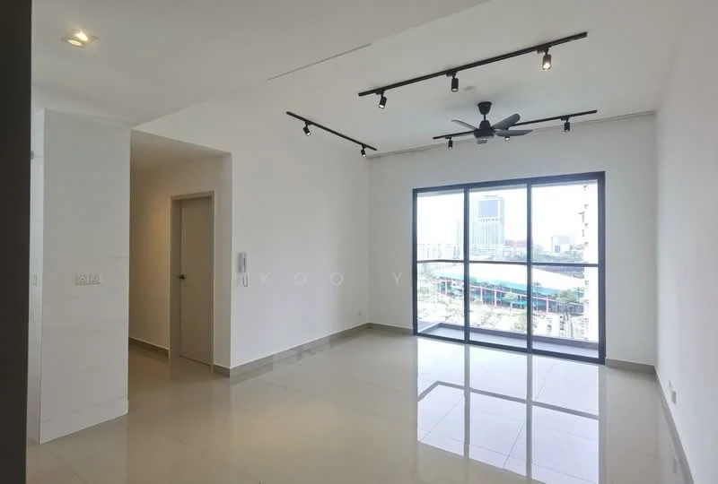 Living features: white painted walls, polished ceramic tile flooring, 5-blade ceiling fan with light, track lighting, floor-to-ceiling windows, city view, sliding glass door, open layout; style: modern; view: city. Room features: white painted walls, doorway, light switch.