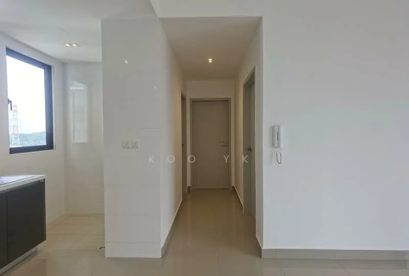 Room features: white painted walls, glossy tile flooring, floor-to-ceiling windows, doorway leading to another room, light fixtures in ceiling, neutral color scheme, built-in cabinetry, hallway layout; style: modern; view: city.