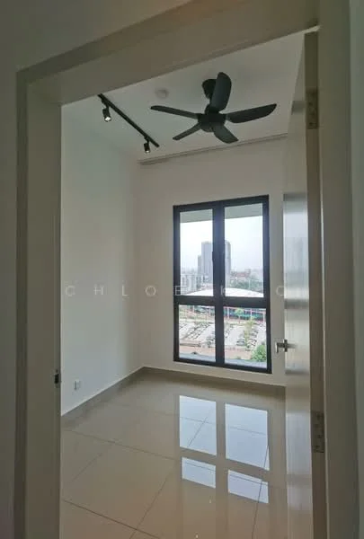 Room features: white painted walls, polished tile flooring, floor-to-ceiling windows, black window frames, 5-blade ceiling fan, track lighting, city view; style: modern; view: city.