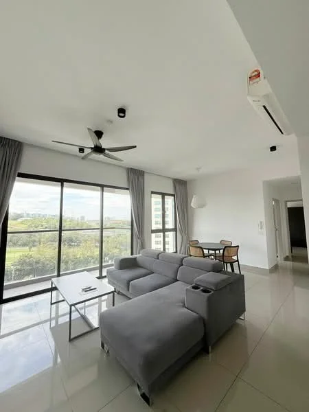 Living features: grey fabric sectional sofa with cup holders, glass coffee table, floor-to-ceiling windows, curtains, 5-blade ceiling fan with light, recessed downlights, tile flooring, view of greenery; style: modern; view: garden. Dining features: round dining table, 4 dining chairs; style: modern; view: garden.